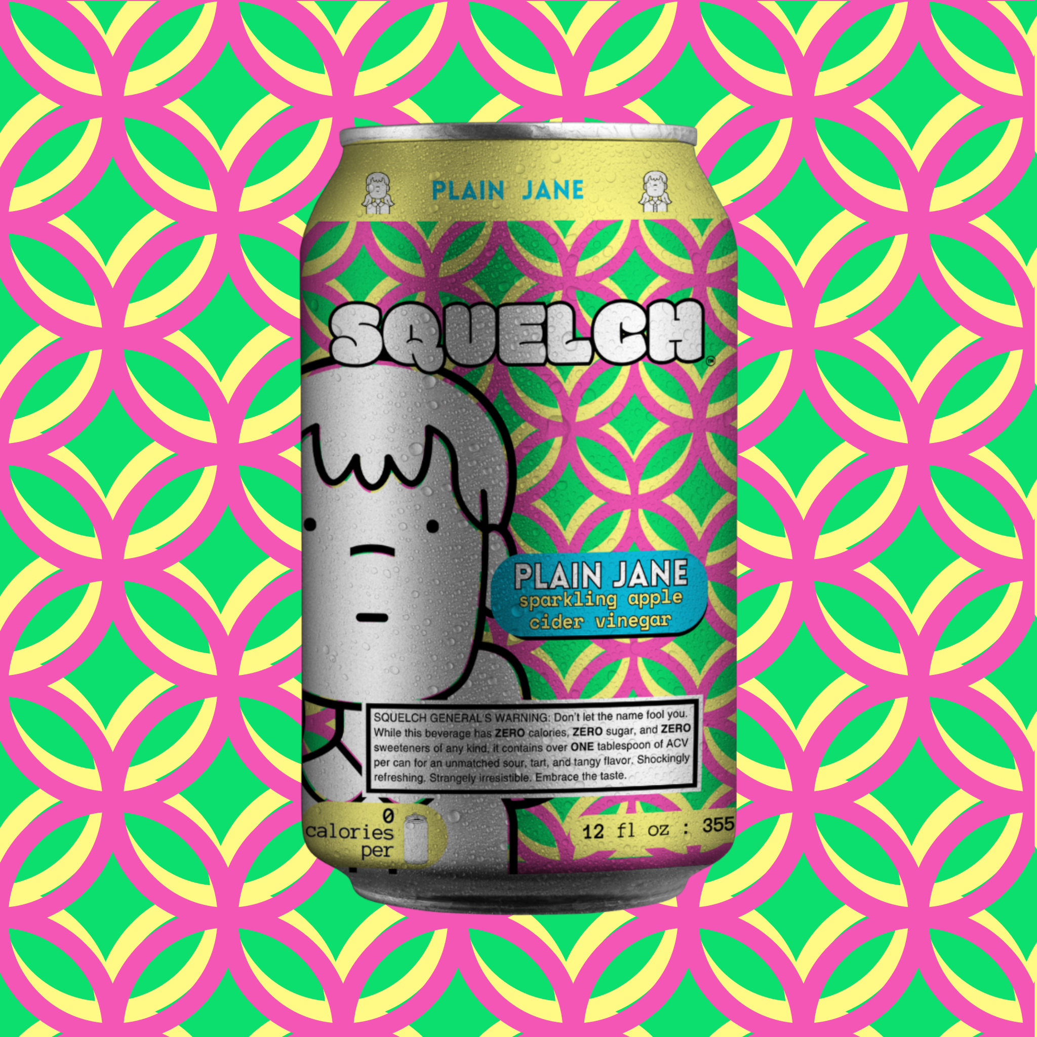 Squelch Plain Jane sparkling apple cider vinegar (ACV) can close-up, highlighting its pure, unflavored essence for those who love minimalist, no-additive hydration choices.